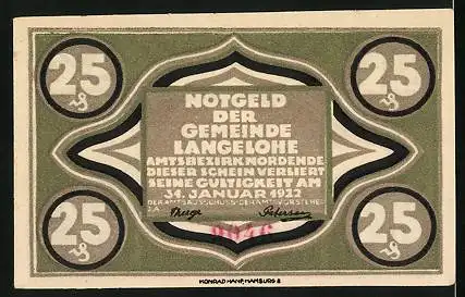 Notgeld Langelohe 1922, 25 Pfennig, Schwein, Kartoffelsäcke, Sonnenaufgang