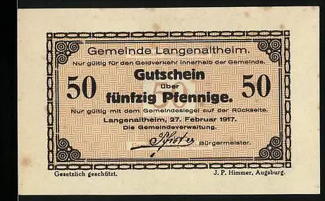 Notgeld Langenaltheim 1917, 50 Pfennig, Bürgermeister Pfisters Unterschrift