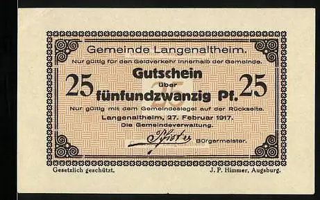 Notgeld Langenaltheim 1917, 25 Pfennig, Unterschrift des Bürgermeisters Pfister