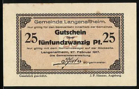 Notgeld Langenaltheim 1917, 25 Pfennig, Unterschrift vom Bürgermeister