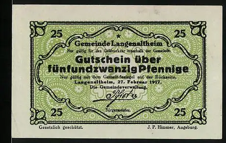 Notgeld Langenaltheim 1917, 25 Pfennig, Bürgermeister Pfister