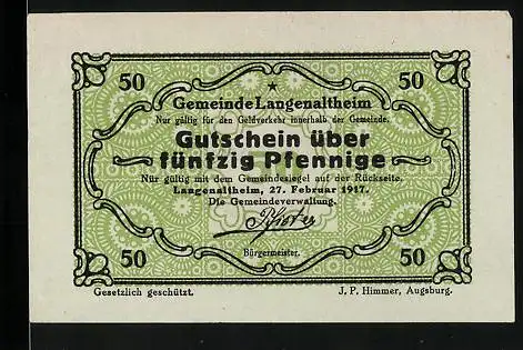 Notgeld Langenaltheim 1917, 50 Pfennig, Unterschrift vom Bürgermeister Pfister