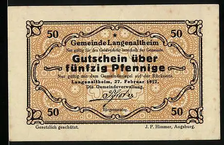 Notgeld Langenaltheim 1917, 50 Pfennig, Bürgermeister Pfister Unterschrift