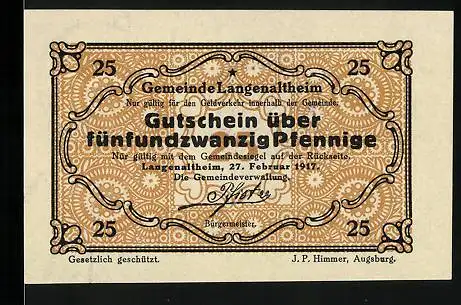 Notgeld Langenaltheim 1917, 25 Pfennig, Bürgermeister der Gemeindeverwaltung