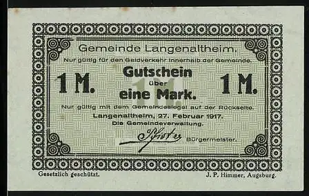 Notgeld Langenaltheim 1917, 1 Mark, Unterschrift vom Bürgermeister der Gemeindeverwaltung