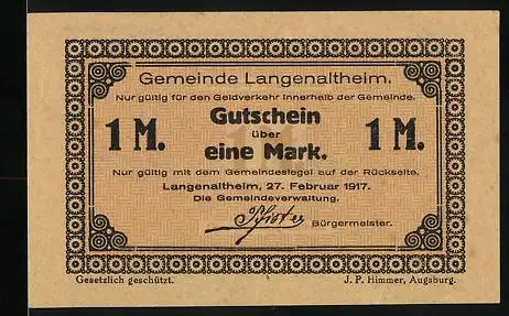 Notgeld Langenaltheim 1917, 1 Mark, mit Unterschrift vom Bürgermeister Pfister