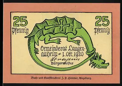 Notgeld Langenaltheim 1920, 25 Pfennig, Drachen mit Kreuz auf dem Rücken