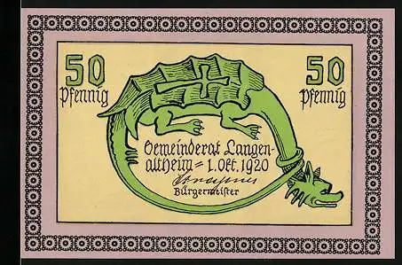 Notgeld Langenaltheim 1920, 50 Pfennig, Sich selbst würgender Drache, Fossil