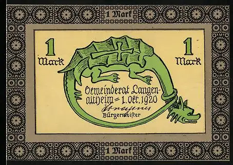 Notgeld Langenaltheim 1920, 1 Mark, Drache, fliegende Möwen, Fossil