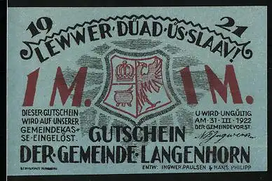 Notgeld Langenhorn 1922, 1 Mark, Wappen, Bürger vor dem Stadttor
