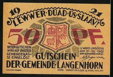 Notgeld Langenhorn 1921, 50 Pfennig, Weidenansicht, Wappen