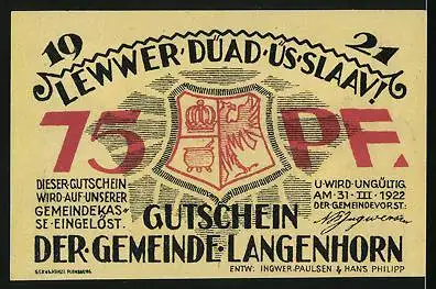 Notgeld Langenhorn 1921, 75 Pfennig, Geburtshaus von Friedr. Paulsen