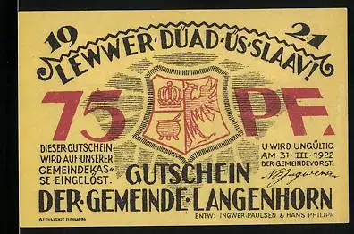 Notgeld Langenhorn 1921, 75 Pfennig, Wappen, Geburtshaus vom Philosophen Friedr. Paulsen