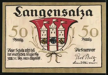 Notgeld Langensalza 1921, 50 Pfennig, Feuerwehrmänner beim Löschen, Wappen