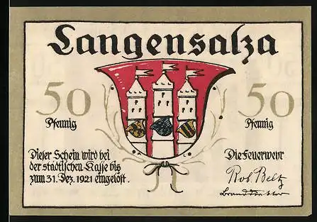 Notgeld Langensalza 1921, 50 Pfennig, Wappen, Feuerwehr im Einsatz