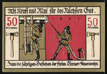 Notgeld Langensalza 1921, 50 Pfennig, Wappen, Feuerwehr im Einsatz