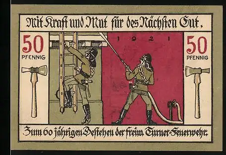 Notgeld Langensalza 1921, 50 Pfennig, Feuerwehrmänner löschen einen Brand