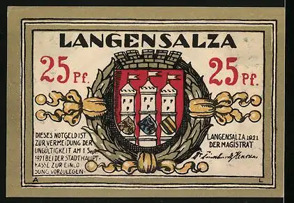Notgeld Langensalza 1921, 25 Pfennig, Storchnest auf dem Dach