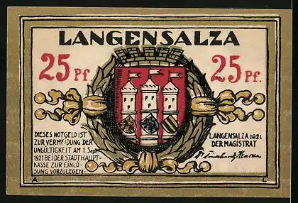 Notgeld Langensalza 1921, 25 Pfennig, Barfüsser, Wappen