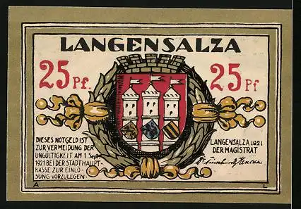 Notgeld Langensalza 1921, 25 Pfennig, Dryburg und Wappen