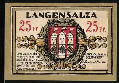 Notgeld Langensalza 1921, 25 Pfennig, Wappen im Kranz, Rathaus