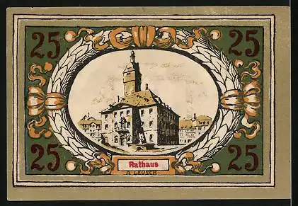 Notgeld Langensalza 1921, 25 Pfennig, Wappen im Kranz, Rathaus