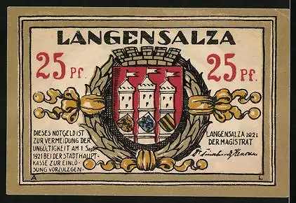 Notgeld Langensalza 1921, 25 Pfennig, St. Bonifacii, Wappen
