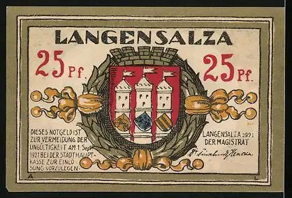 Notgeld Langensalza 1921, 25 Pfennig, Schwefelbad, Wappen im Kranz