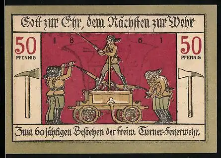 Notgeld Langensalza 1921, 50 Pfennig, Feuerwehr mit Löschpumpe