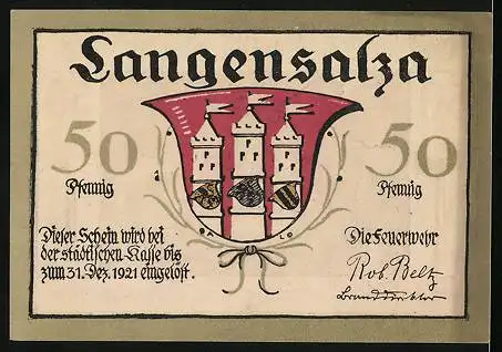 Notgeld Langensalza 1921, 50 Pfennig, Feuerwehr mit Löschpumpe