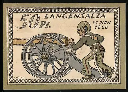 Notgeld Langensalza 1921, 50 Pfennig, Soldat mit einer Kanone