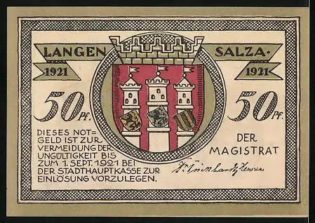 Notgeld Langensalza 1921, 50 Pfennig, Soldat mit einer Kanone