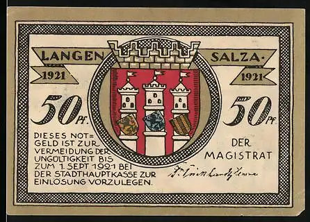 Notgeld Langensalza 1921, 50 Pfennig, Wappen, Soldat stopft Kanone
