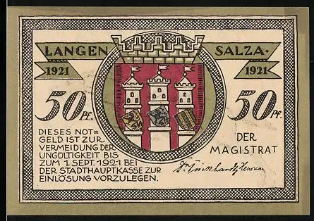 Notgeld Langensalza 1921, 50 Pfennig, Türme mit Wappen, Soldat zu Pferd