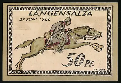 Notgeld Langensalza 1921, 50 Pfennig, Türme mit Wappen, Soldat zu Pferd