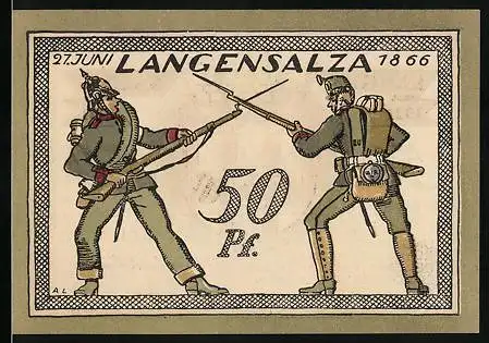 Notgeld Langensalza 1921, 50 Pfennig, Soldaten in Uniform mit Gewehren