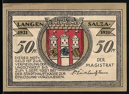 Notgeld Langensalza 1921, 50 Pfennig, Türme und Wappen, Denkmal