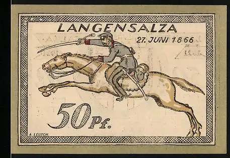 Notgeld Langensalza 1921, 50 Pfennig, Soldat mit Degen zu Pferd