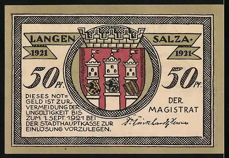 Notgeld Langensalza 1921, 50 Pfennig, Soldat mit Degen zu Pferd