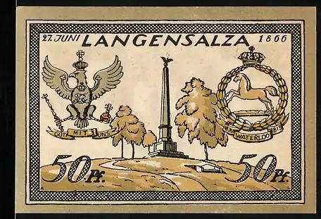 Notgeld Langensalza 1921, 50 Pfennig, Denkmal und Adler, Wappen
