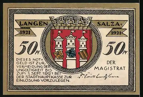 Notgeld Langensalza 1921, 50 Pfennig, Denkmal und Adler, Wappen