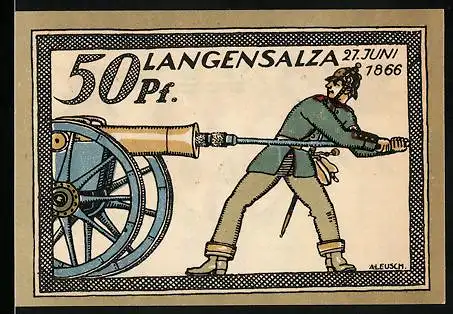 Notgeld Langensalza 1921, 50 Pfennig, Soldat beim Kanone Stopfen