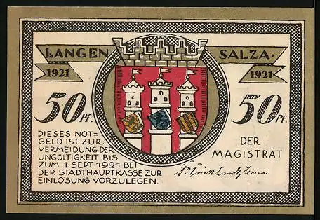 Notgeld Langensalza 1921, 50 Pfennig, Soldat beim Kanone Stopfen