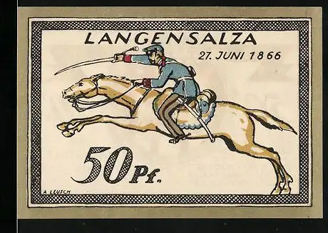 Notgeld Langensalza 1921, 50 Pfennig, Soldat im Sprung mit seinem Pferd