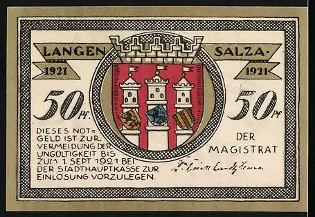 Notgeld Langensalza 1921, 50 Pfennig, Soldat im Sprung mit seinem Pferd