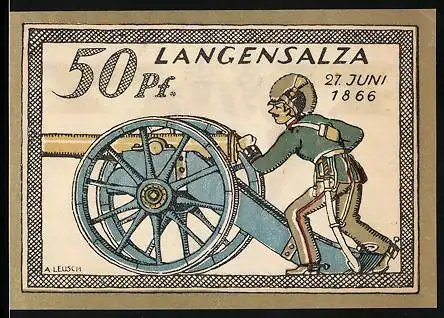 Notgeld Langensalza 1921, 50 Pfennig, Soldat bereitet die Kanone vor