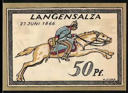 Notgeld Langensalza 1921, 50 Pfennig, Soldat in Uniform auf seinem Pferd