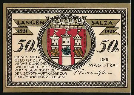 Notgeld Langensalza 1921, 50 Pfennig, Soldat in Uniform auf seinem Pferd