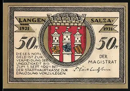 Notgeld Langensalza 1921, 50 Pfennig, Wappen, Soldaten kreuzen die Gewehre