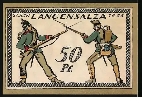 Notgeld Langensalza 1921, 50 Pfennig, Wappen, Soldaten kreuzen die Gewehre